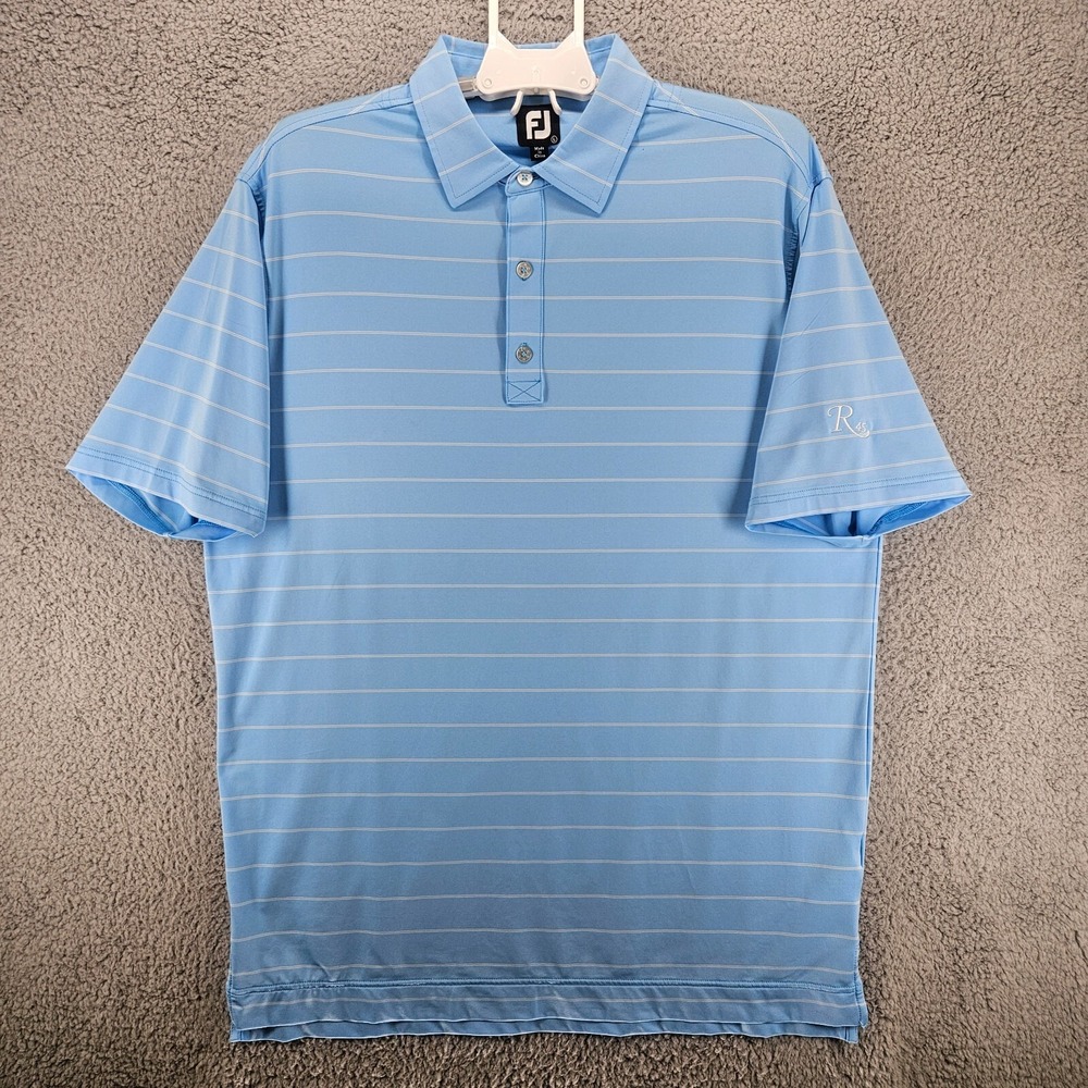 FJ FOOTJOY Men's Golf Polo BLUE w White Stripes w FJ Logo on back Size L Large